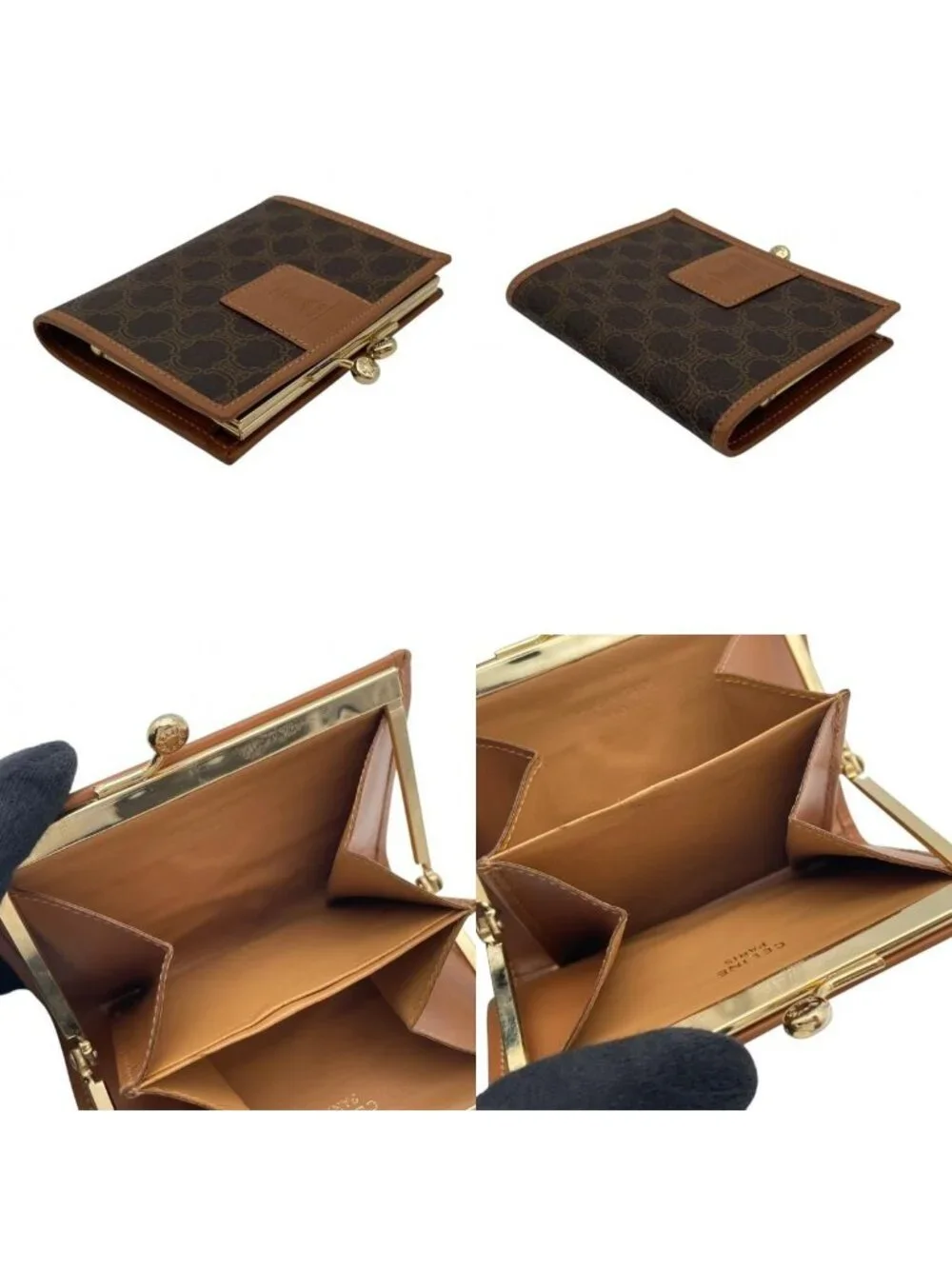 Celine Macadam Pattern Kiss Lock Bifold Wallet Vintage Mini Leather Brown Gold